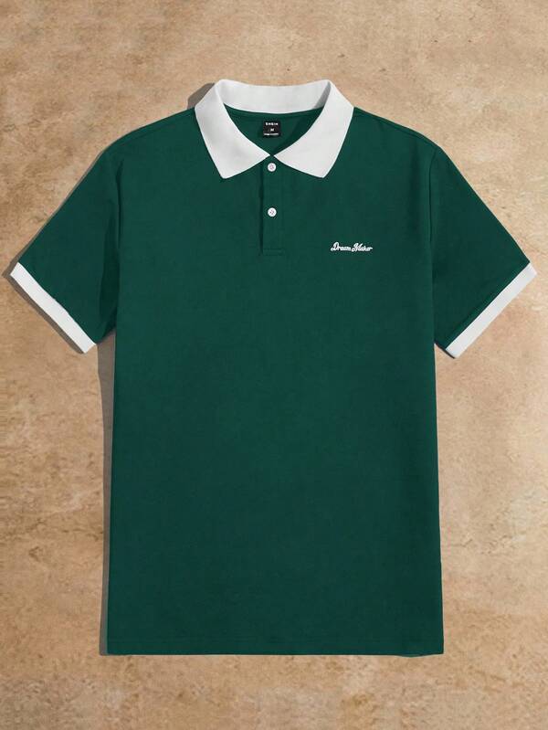 HIMLAND Camisa polo casual de manga corta con estampado de letras y color contrastante para hombre