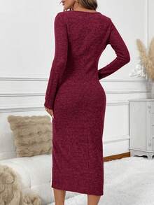 SHEIN Clasi Women's Solid Color Round Neck Long Sleeve Side Slit Ruched Hem Fitted Mid-Length Dress - Burgundy - View 2