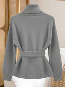 Franclia Women's Elegant High Neck Loose Waist Tie Design Asymmetrical Hem Pullover Sweater, Winter Women Sweaters Gray Sweater Turtle Neck Women Winter Clothes For Women Sweaters - Grey - View 2