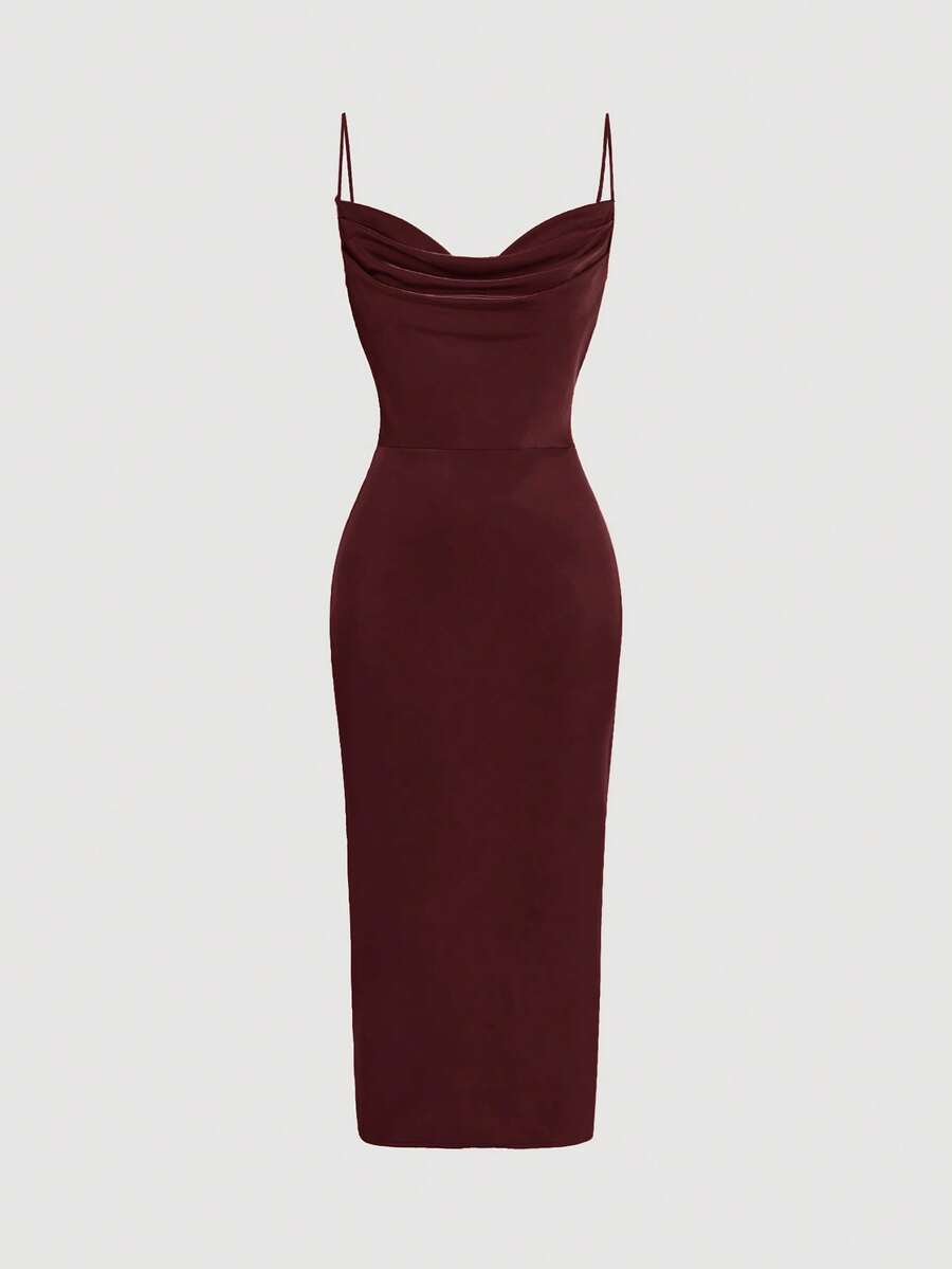 SHEIN Belle Burgundy Red Draped Front Split Back Cami Bridesmaid Dress - Coffee Brown - View 1