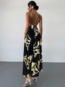 Vestido casual de verano sin espalda con tirantes finos y estampado floral, color amarillo mantequilla, para mujer - Negro 2 - Ver 2