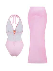 Swim Oasis 2件套 女士甜美优雅印花连体上衣 + 3D立体花卉装饰 + 垂褶裙，春夏款 - 粉色 - 查看 2