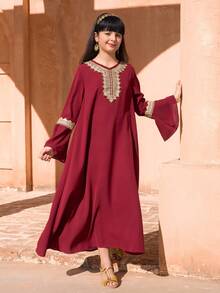 Women & Teenage Girls' Robe: Burgundy Base With Golden Lace Embroidery, V-Neck + Flare Sleeves, Elegant & Vintage, Suitable For Traditional Arab Clothing, Abaya, Ramadan Family Gatherings - Red - View 10