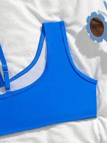 1件装女童海军蓝和浅蓝色撞色弹力舒适针织泳衣套装，适合海滩、泳池、海边、度假、夏季、旅行 - 藍色 - 查看 6