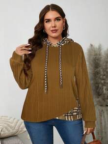 SHEIN LUNE 柔软磨毛格纹撞色下摆卫衣，大码秋季女式上衣，棕色长袖卫衣，棕色上衣，棕色长袖上衣 - 棕色 - 查看 4