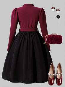 Tween Girl Elegant Party Color Block Rhinestone Bow Decor Dress - Multicolor - View 2