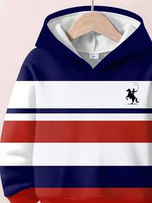 SHEIN 2 件套年轻男孩休闲宽松运动卫衣，拼色马术图案印花套头连帽衫，适合秋冬季