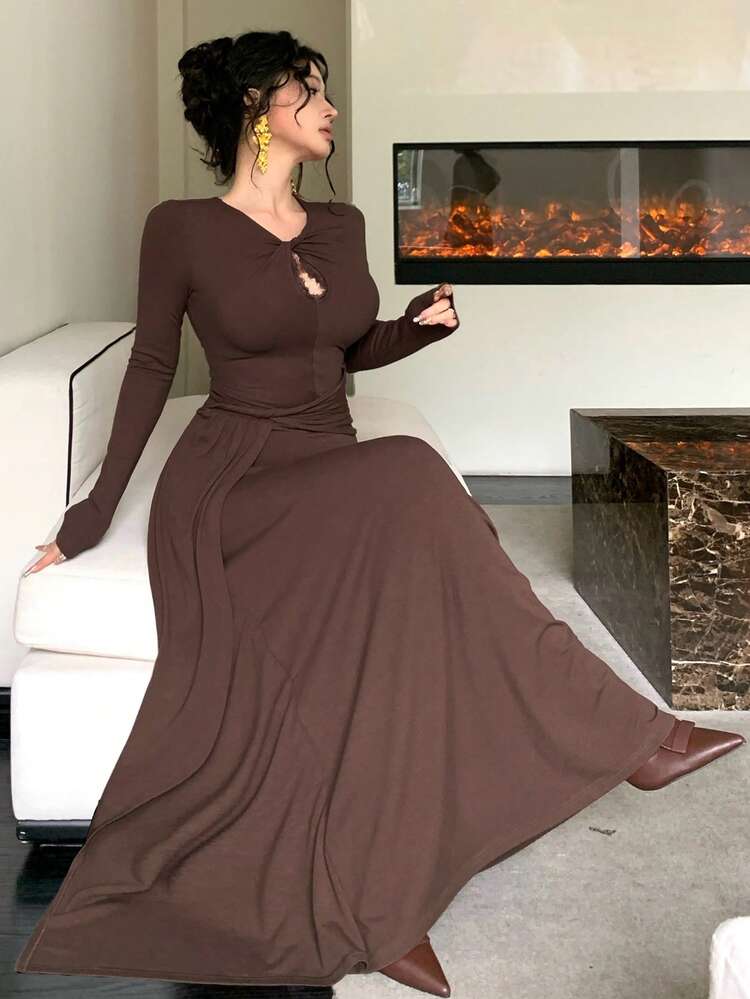 Elegant Brown Lace Patchwork Hollow Out Midi Dress, Fashionable Party Dress With Side Slit, Tie-Up Design For Spring & Autumn