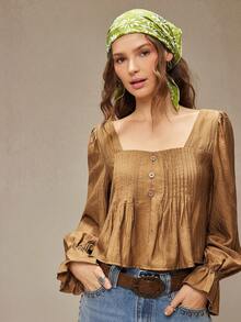 WESTFADE 纹理绉纱编织方领褶裥纽扣前襟长泡泡袖宽松上衣，适合秋季、冬季，波西米亚风、休闲风、可爱风、西部风。 - 棕色 - 查看 3