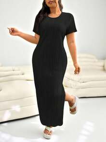 Solflare Plus Size Casual Solid Color Side Slit Loose Dress, Spring,Graduation Dress - Black - View 10