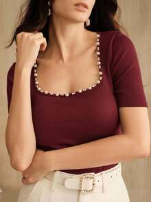 Anewsta New Fashionable Seamless Fitted Rhinestone Embellished Crew Neck T-Shirt - Burgundy - View 2
