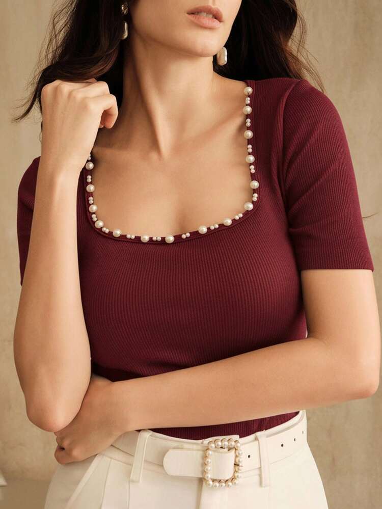 Anewsta Essential New Fashionable Seamless Fitted Rhinestone Embellished Crew Neck T-Shirt