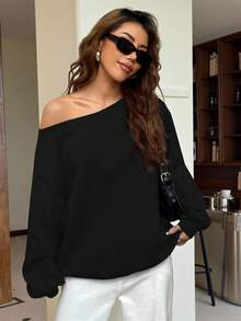 SHEIN EZwear 女士宽松斜肩保暖内衬运动衫，黑色，秋冬 - 黑色 - 查看 3