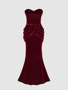 SHEIN 青少年女孩勃艮第复古优雅褶饰修身郁金香花蕾派对美人鱼连衣裙、节日连衣裙、连衣裙、连衣裙、新年服装、新年连衣裙、圣诞派对连衣裙、生日派对连衣裙、母女装 - 紅色 - 查看 2