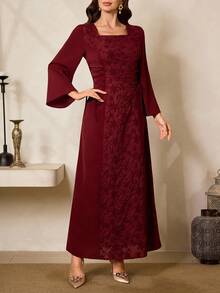 Al Najma Robe élégante de style arabe avec col carré, manches évasées, taille nouée sur le côté et motif floral jacquard pour femmes