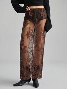 Ontre Women's Lace See-Through Versatile Long Skirt, Suitable For Urban Commute, Business Casual, Christmas, New Year Party, Wedding Guest, Holiday - Brown - View 4