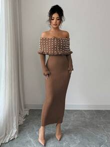 Rafferiza 女士纯色蝴蝶结长袖弹力修身露肩针织连衣裙，法式优雅仿珍珠装饰露肩大翻领针织连衣裙，秋冬针织长裙，返校季针织连衣裙，音乐节，圣诞节，仙女装，秋季婚礼宾客礼服 - 巧克力棕 - 查看 6