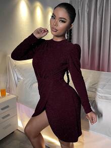 SHEIN Unity 不对称下摆亮片羊腿袖连衣裙，适合假日派对穿着，金属质感女装 - 中紫紅色 - 查看 4