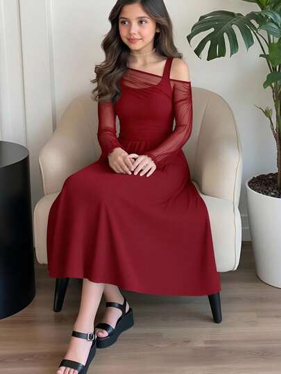 فستان بوردو أنيق مطابق للمراهقات، مصنوع من شبكة مشبكة غير متماثلة الأكتاف، بأكمام واسعة مجعدة، فستان حفلات بوردو للبنات، فستان عيد الميلاد، فستان رأس السنة، ثوب رسمي