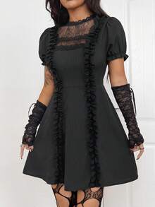 Coolane Dam höst/vinter all-säsong Y2K goth chic rave outfit spets stretchig bekväm rave outfit hög hals puffärm svart kort klänning - Svart - Visa 3