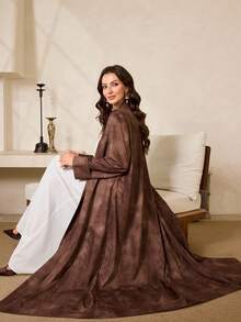 Al Najma Áo choàng Abaya Ả Rập hở phía trước cổ điển kiểu Trung Đông mới dành cho nữ màu nâu in họa tiết nhuộm loang - màu nâu - Xem 4