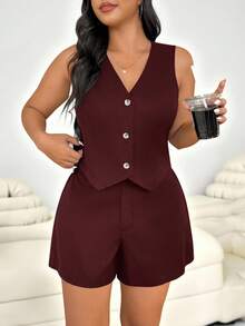 SHEIN EZwear 大码春夏休闲通勤纯色背心和短裤套装，商务休闲女装毕业，返校，秋冬女士教师装