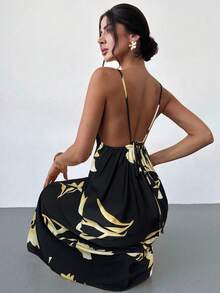 Vestido casual de verano sin espalda con tirantes finos y estampado floral, color amarillo mantequilla, para mujer - Negro 2 - Ver 3
