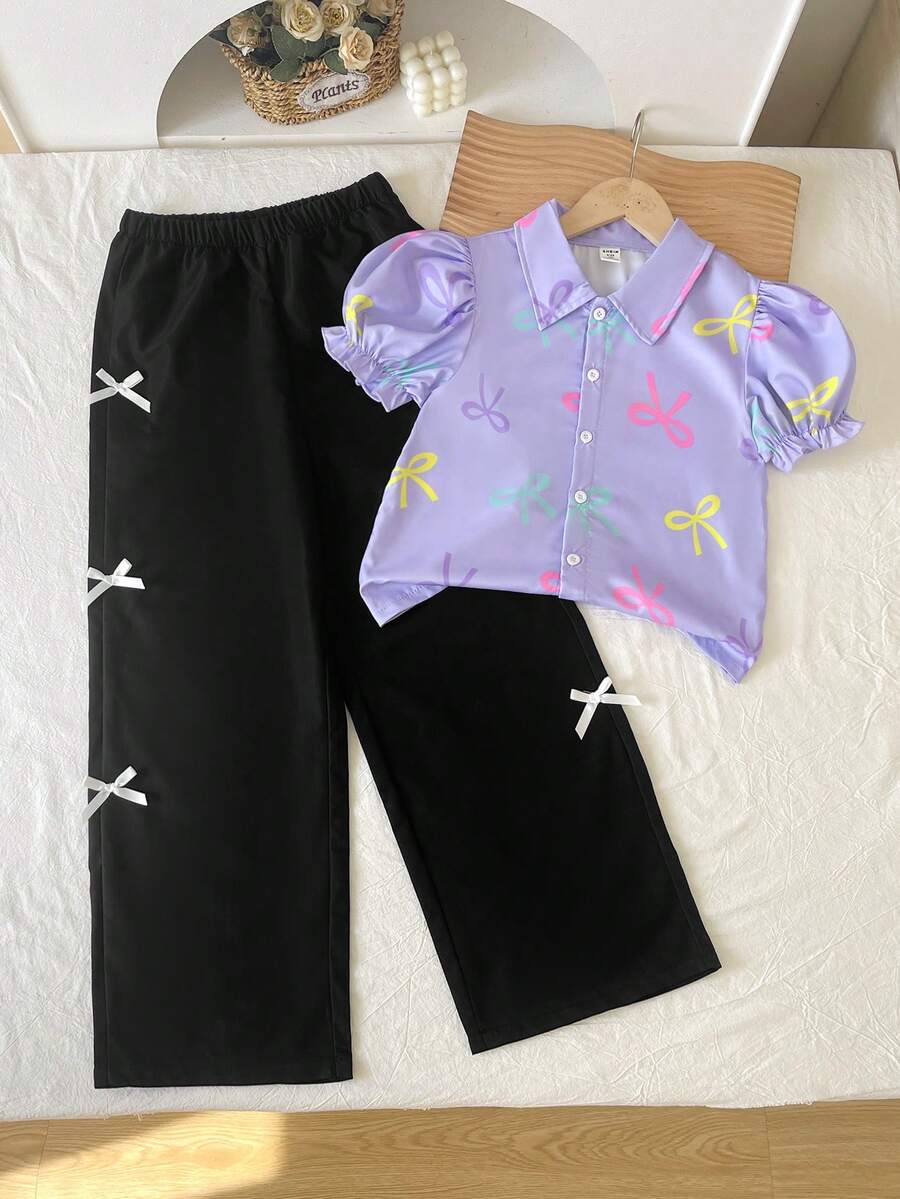 SHEIN مجموعة قميص أبيض بأكمام منفوشة وربطة عنق ملونة + بنطلون بنفسجي فضفاض واسع الساق، ملابس كاجوال للاستخدام اليومي والأعياد، صيفي، قطعتان - متعدد الألوان - مشاهدة 1