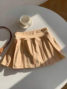 Comfortcana 休闲纯色百褶迷你裙 - 杏色 - 查看 4