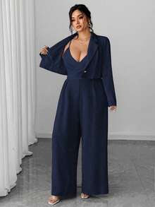 Elenzga Ensemble 2 pièces grande taille pour femmes : veste blazer élégante et minimaliste pour le travail et la navette, combinaison à jambes larges avec taille cintrée sans manches - Bleu marine - Voir 6