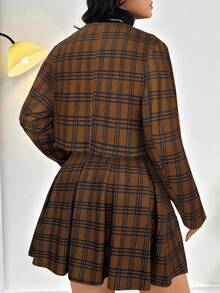 Firerie Plus Size Women's Elegant Commuter Workwear Sophisticated High-End Afternoon Tea Slightly Sexy Date Music Concert Collegiate Vintage Black & White Plaid Print Long Sleeve Jacket & Pleated Mini Skirt, Back To School Outfit Flannel Wednesday Addams In Fall/Winter Brown 2 Piece Set Modest Two Piece Set Plaid Two Piece Set 2 Piece Casual Sets Woman Brown Outfit Women