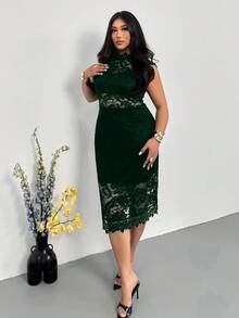 Firerie 大码女士单身派对夏季连衣裙 - 优雅白色蕾丝短袖镂空腰身中长连衣裙，适合婚礼和各种场合；浪漫性感修身蕾丝中长连衣裙，适合约会和正式派对；OL美人鱼款连衣裙 - 墨綠色 - 查看 6