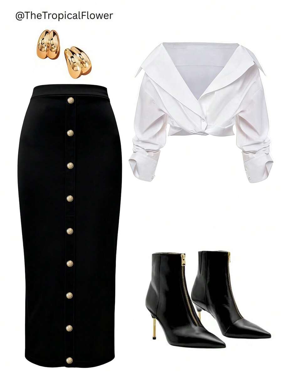 GlowEve Women's Solid Color Metal Button Decorated Elegant Pencil Skirt - Black - View 1