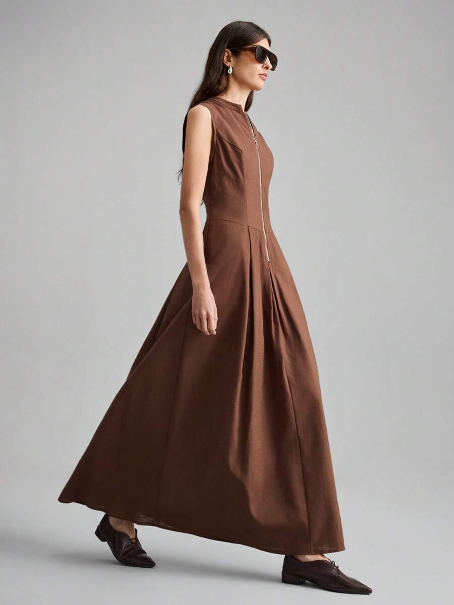 Ontre 2025秋季新品，适合海滩度假、夜店装扮、教师制服、乡村音乐节、街头风、夏季简约纯色半拉链收腰连衣裙、商务休闲女装、复古圣诞装、秋冬新年服饰 - 棕色 - 查看 1