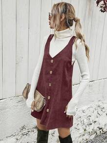 EMERY ROSE Vestido casual de tirantes con diseño de botones de unicolor para mujer, otoño/invierno - Rosa Fucsia - Ver 5