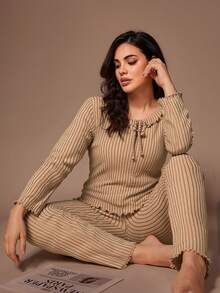 Lazeform Plus Size Women Gentle Knit Striped Long Sleeve Top And Pants Pajama Set - Brown - View 1
