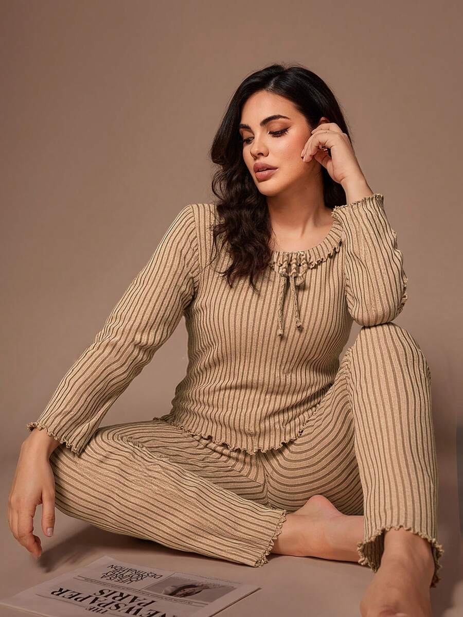 Lazeform Plus Size Women Gentle Knit Striped Long Sleeve Top And Pants Pajama Set - Brown - View 1