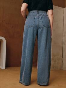 Anewsta 女士高腰优雅刺绣镂空宽松阔腿大码牛仔裤，适合春季、情人节、派对穿着 - 藍色 - 查看 2