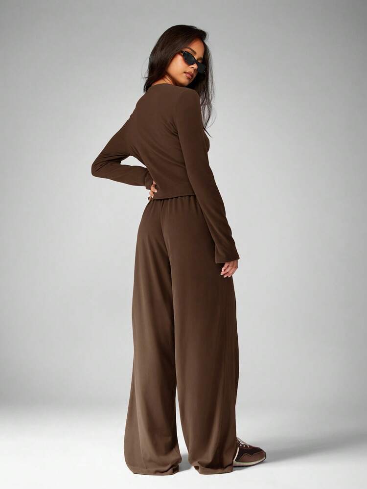 MISSGUIDED Women's Button Front Cardigan And Wide Leg Drawstring Pants Two Piece Coordinating Set For Fall Winter Casual Loungewear