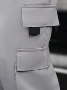 Manfinity CasualCool 男士休闲时尚街头日常通勤简约百搭纯色抽绳腰带翻盖口袋工装裤 - 淺灰色 - 查看 6