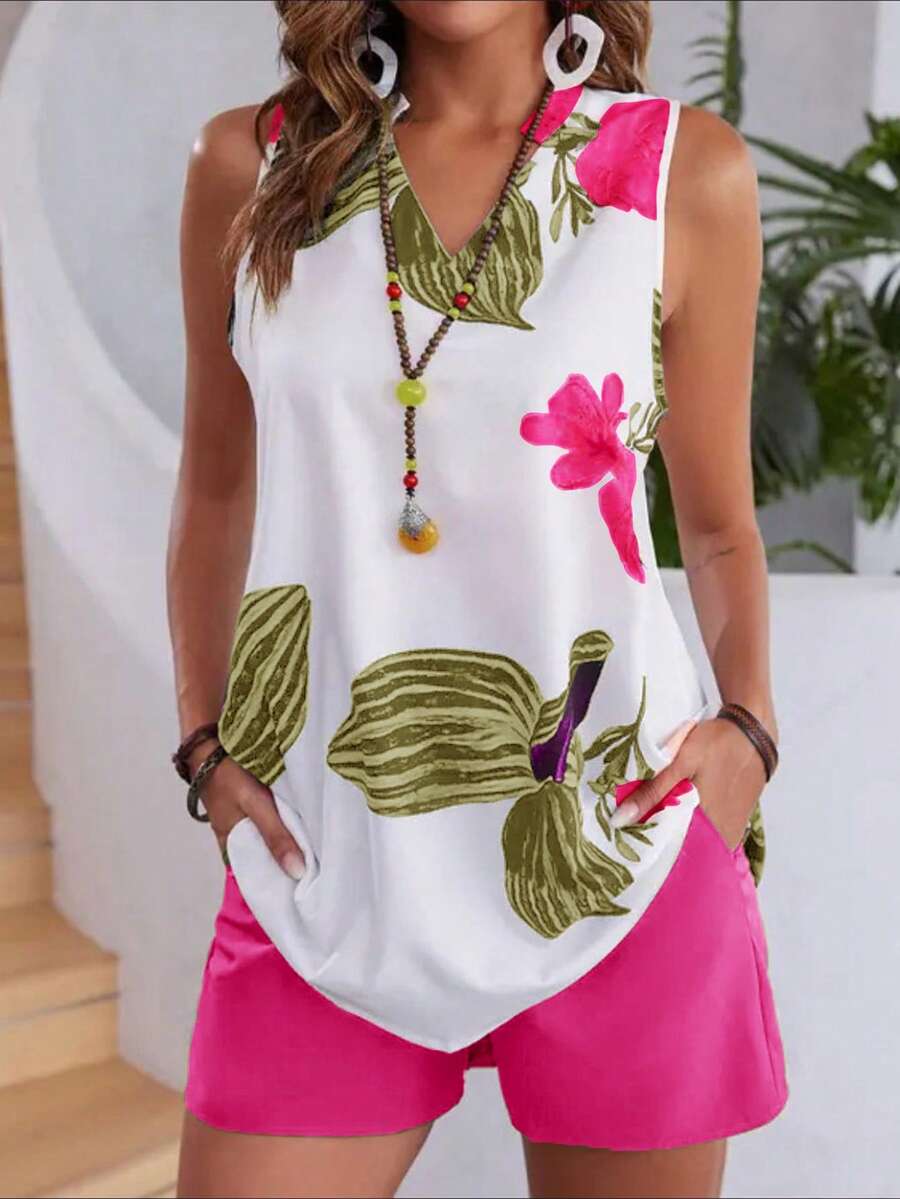 EMERY ROSE 2 件套花卉印花无袖上衣和短裤，度假/休闲装
