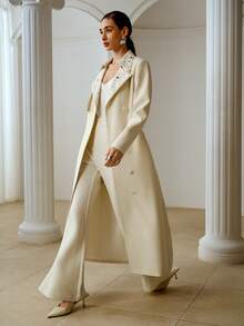 ZEYLAH 女士时尚休闲/通勤水钻装饰系带风衣式连衣裙，春秋季 - 米色 - 查看 4