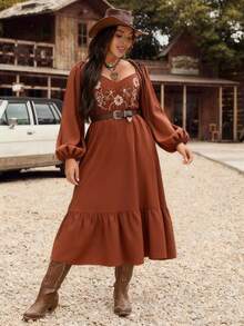 LanaWest CURVE Vestido casual de vacaciones de talla grande para mujer, de unicolor, con bordado, cintura con cordón, manga larga y bajo con volantes hasta la pantorrilla - Naranja Quemada - Ver 4