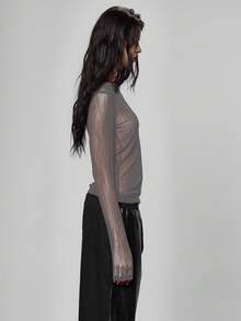 MUSERA Sheer Mesh Long Sleeve Fitted Crewneck Top Fall Autumn Winter Streetwear Cool Night Out Everyday Sexy Elegant - Grey - View 4