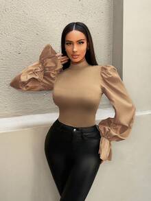 Zolique Áo cánh thời trang ôm sát cổ đứng tay loe màu trơn dành cho nữ - màu nâu - Xem 4