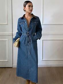 Livesso 女士休闲直筒裤/裙，撞色拼接设计，收腰剪裁，大口袋，适合街头、户外、商务休闲场合穿着，春夏秋季皆宜。 - 深色水洗藍 - 查看 4