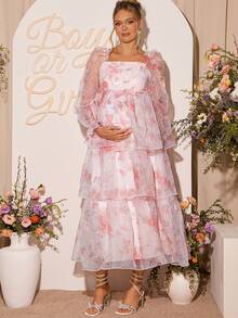 Loomaby Maternity Mesh Patchwork All-Over Print Square Neck Long Sleeve Dress,Gender Reveal Dress,Maternity Dress, Baby Shower Dress,Maternity Clothes