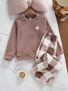 Plaid Kids' Heart Pajama Set, 2 Pieces - Crew Neck Long Sleeve With Long Pants