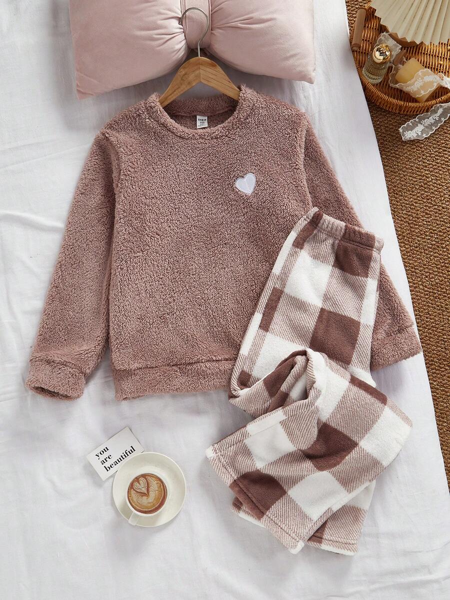 Plaid Kids' Heart Pajama Set, 2 Pieces - Crew Neck Long Sleeve With Long Pants