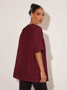 SHEIN BASICS 女款素色圓領落肩短袖休閒寬鬆百搭T恤夏季上衣 - 酒紅色 - 查看 3